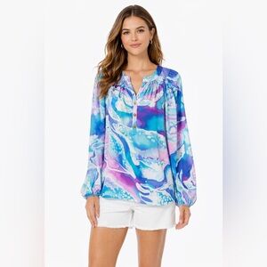 Lilly Pulitzer 100% Silk Blue & Purple Abstract Print Blouse – Size L NWOT